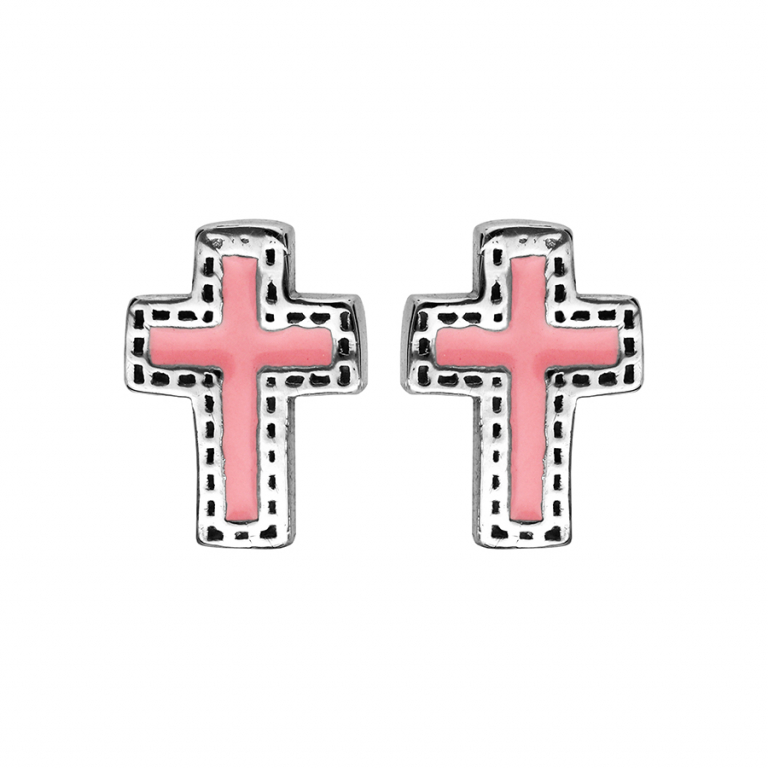 BOUCLES D\'OREILLES TIGE ARGENT RHODIÉ CROIX RÉSINE ROSE