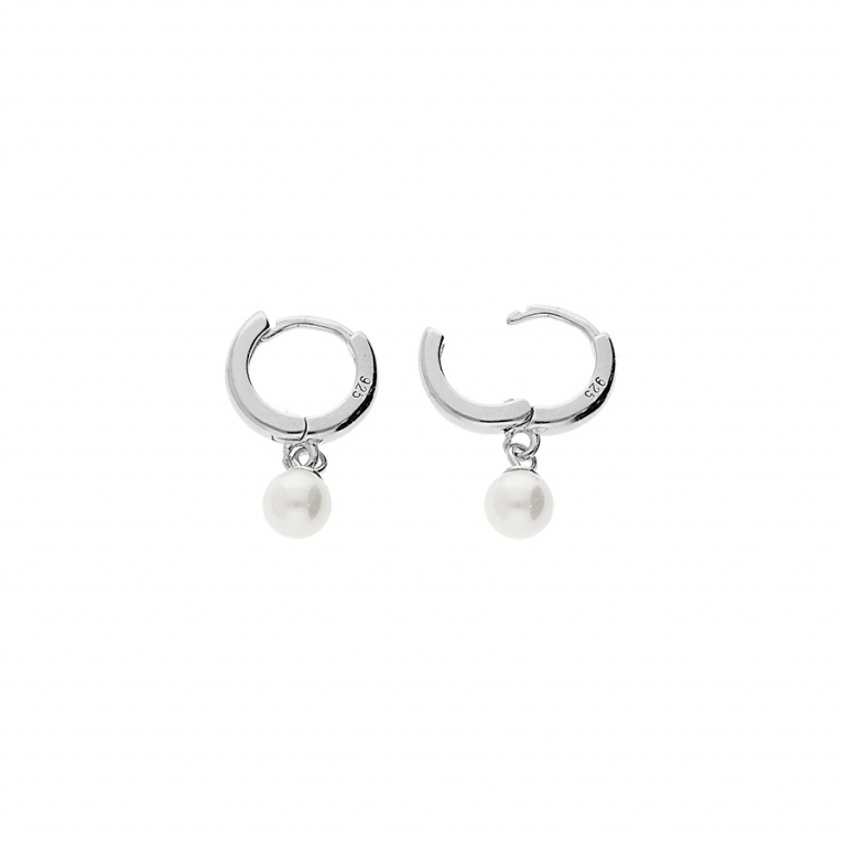 CRÉOLES DIAM 10 ARGENT RHODIÉ ARTICULEE PAMPILLE PERLE BLANCHE IMITATION 5MM