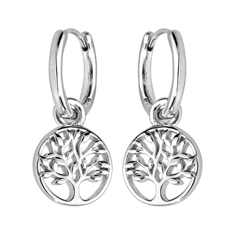 CREOLES ARGENT RHODIE ARTICULEE MOTIF PENDANT ARBRE DE VIE