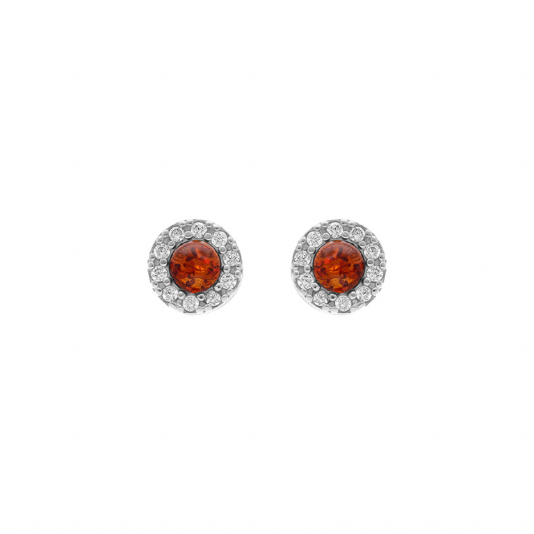 BOUCLES D\'OREILLES TIGE ARGENT RHODIÉ ET AMBRE VÉRITABLE CONTOUR OXYDES BLANCS