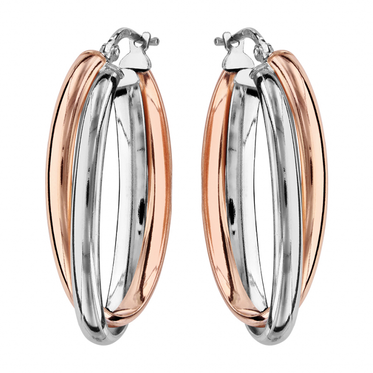 CREOLES OVALE DOUBLE CROISEE ARGENT RHODIE ET DORURE ROSE