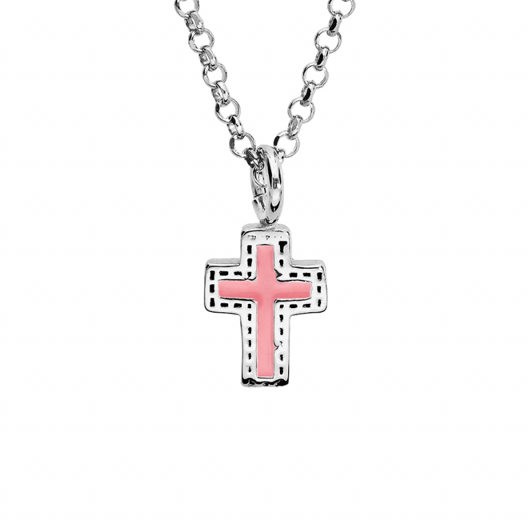 COLLIER ARGENT RHODIÉ PENDENTIF PETITE CROIX RÉSINE ROSE 38+4CM