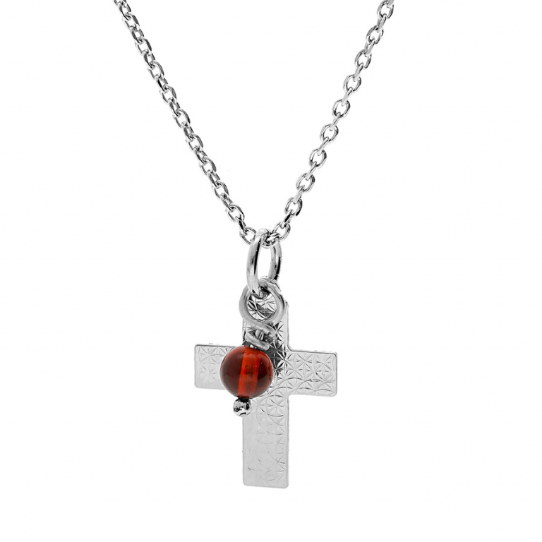 COLLIER ARGENT RHODIÉ PENDENTIF CROX QUADRILLAGE ET BOULE AMBRE VÉRITABLE 42+3CM