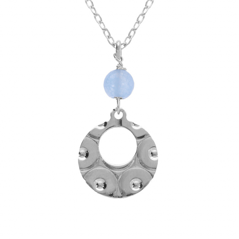 COLLIER ARGENT RHODIÉ PENDENTIF ROND MARTELÉ AVEC 1 BOULE JADE BLEU CIEL 40+5CM