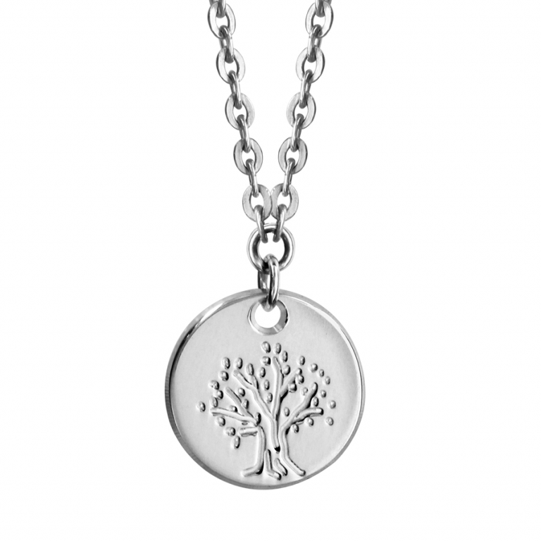 COLLIER ARGENT RHODIÉ PETIT GALET 11MM ARBRE DE VIE 35+5CM