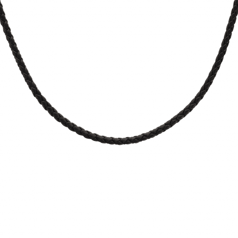 COLLIER ARGENT RHODIÉ CORDON CUIR TRESSE NOIR 55+5CM