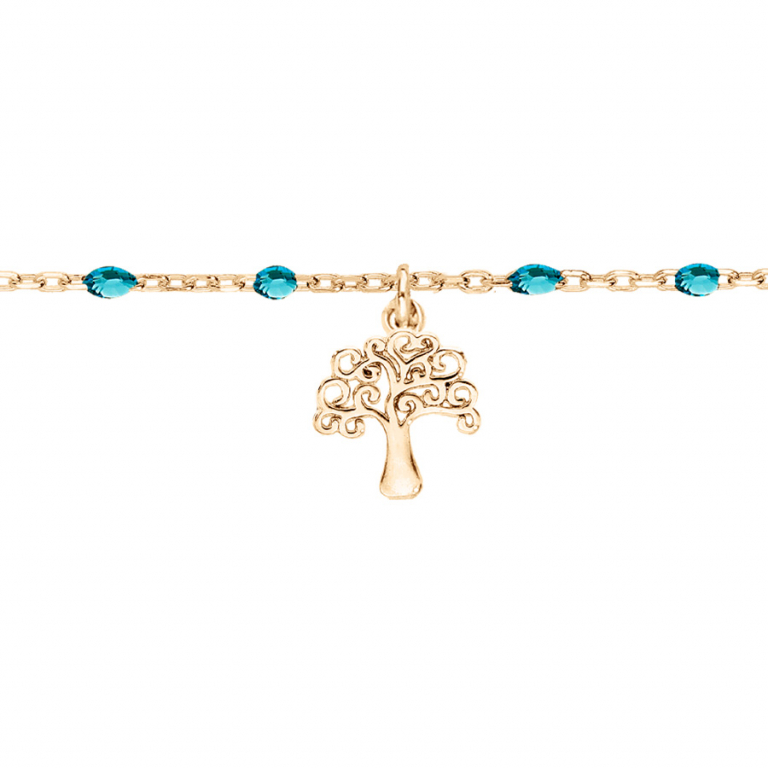 CHAINE CHEVILLE ARGENT ET DORURE JAUNE OLIVES RÉSINE BLEU TRANPARENT ET ARBRE DE VIE  23+3CM