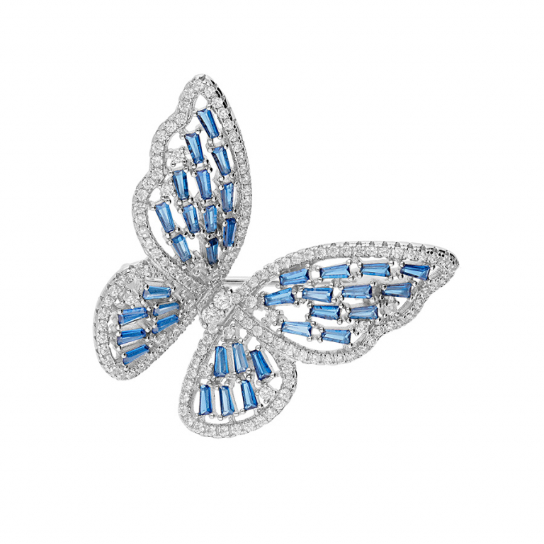 BROCHE ARGENT RHODIÉ PAPILLON OXYDES BLEUS ET BLANCS SERTIS