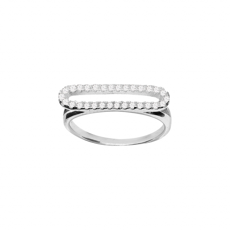 BAGUE ARGENT RHODIÉ FORME RECTANGULAIRE OVALISE OXYDES BLANCS SERTIS