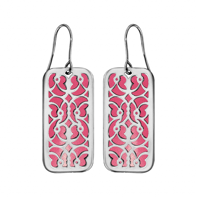 BOUCLES D\'OREILLES ACIER CROCHET MOTIFS VOLUTE PU FUSCHIA