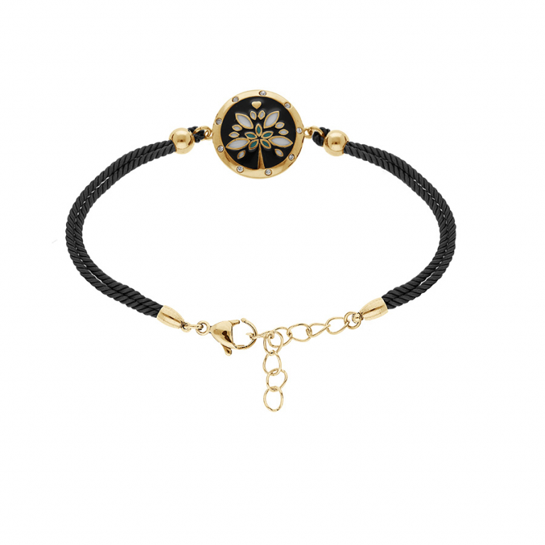 BRACELET ACIER ET PVD DORÉ CORDON NOIR MOTIF ROND AVEC RÉSINE 16+3CM