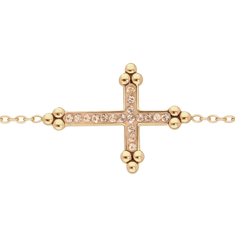 BRACELET ACIER ET PVD DORÉ CROIX RÉSINE CHAMPAGNE ET PIERRES CHAMPAGNE SYNTHETIQUE 16+3CM