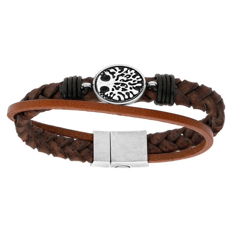BRACELET ACIER ET CUIR TRESSE MARRON AVEC ARBRE DE VIE PATINÉ  22CM FERMOIR AIMANTE