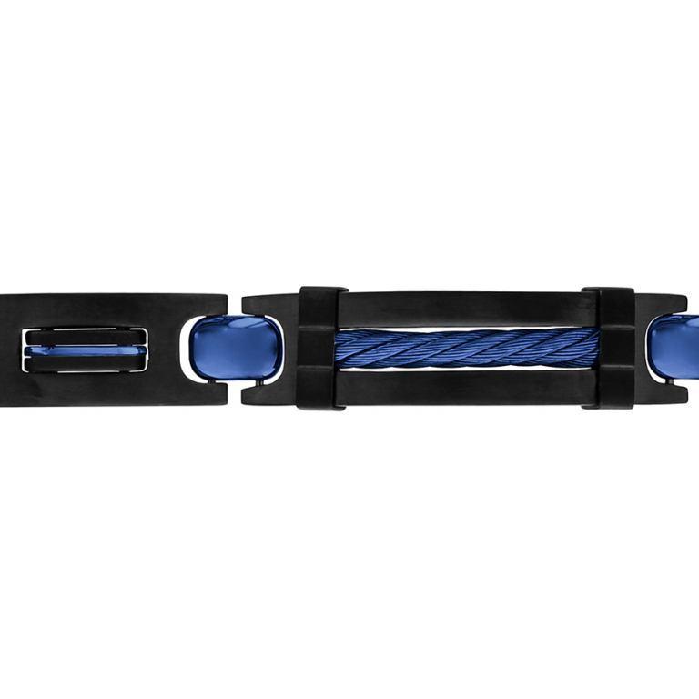BRACELET ACIER ET PVD NOIR PLAQUE IDD GROS CABLE PVD BLEU 22,5cm (réglable en 21 et 19 cm) TRIPLE FERMOIR