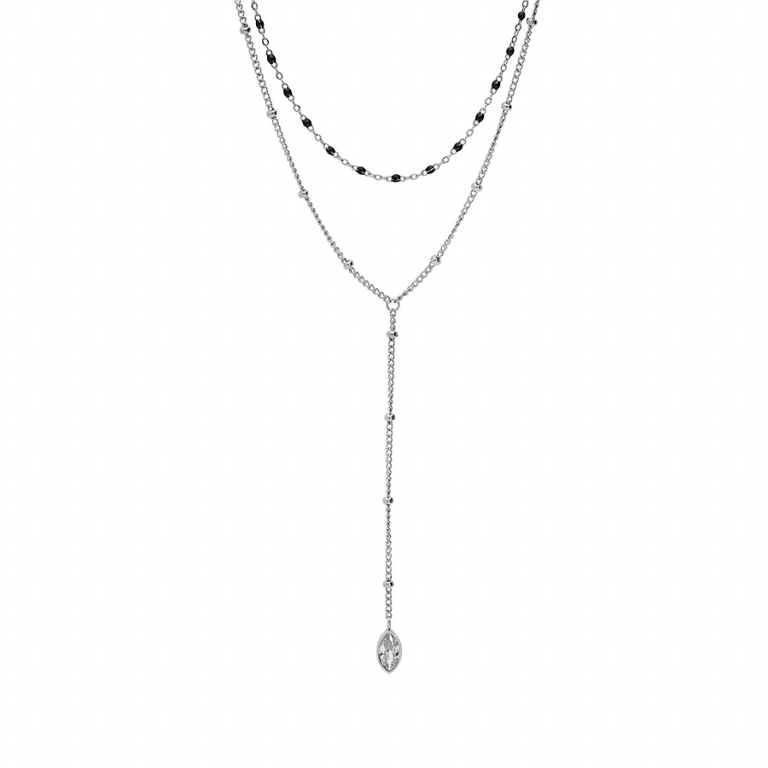 COLLIER ACIER PLONGEANT DOUBLE AVEC BOULES ET RÉSINE NOIRE AVEC OXYDE BLANC SERTI 40+5CM