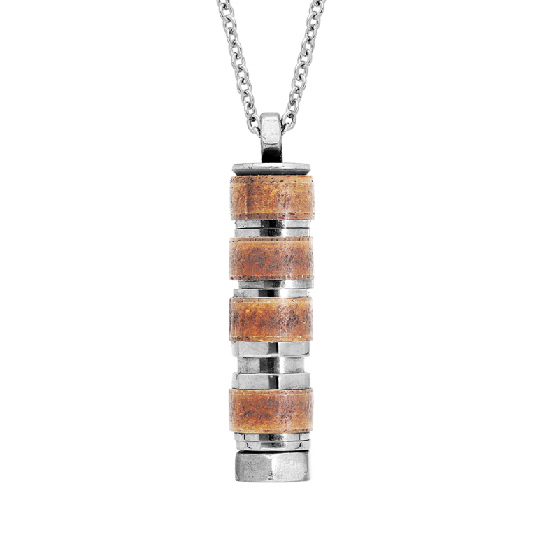 COLLIER ACIER PENDENTIF TUBE ECROU BOIS NATUREL 50+5CM