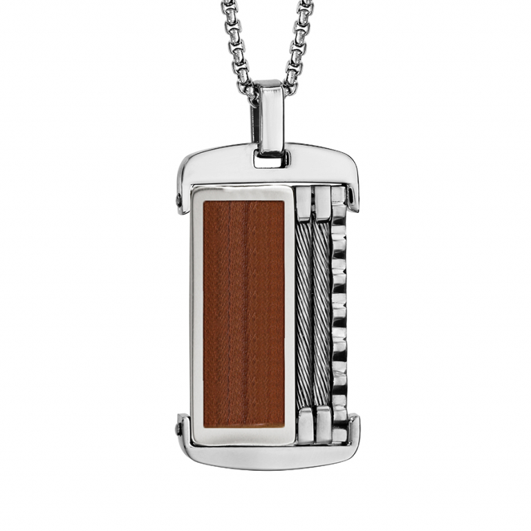 COLLIER ACIER PENDENTIF ASPECT BOIS AVEC CABLE GRIS 50+5CM