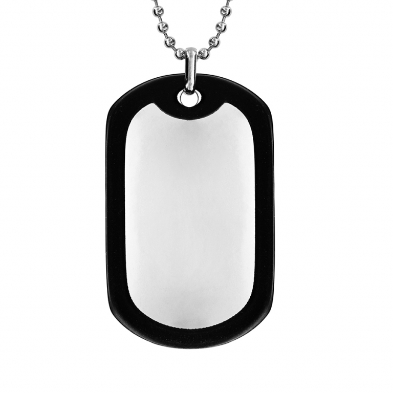COLLIER ACIER CHAINE BOULES PLAQUE GI  52x32MM CONTOUR CAOUTCHOUC NOIR 50+10CM