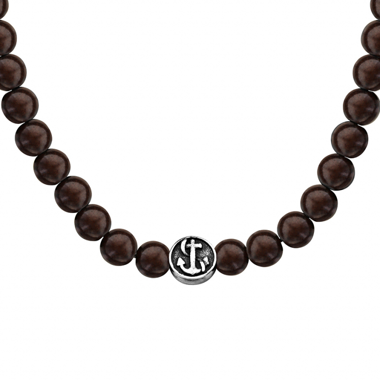COLLIER ACIER PERLES BOIS MARRON MOTIF MARIN PATINE MONTAGE SUR CHAINE ACIER 60+10CM