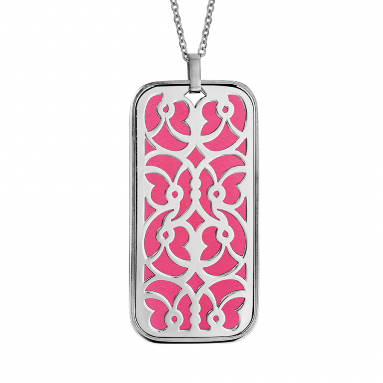 COLLIER ACIER PENDENTIF MOTIFS VOLUTE PU FUSCHIA 45+10CM