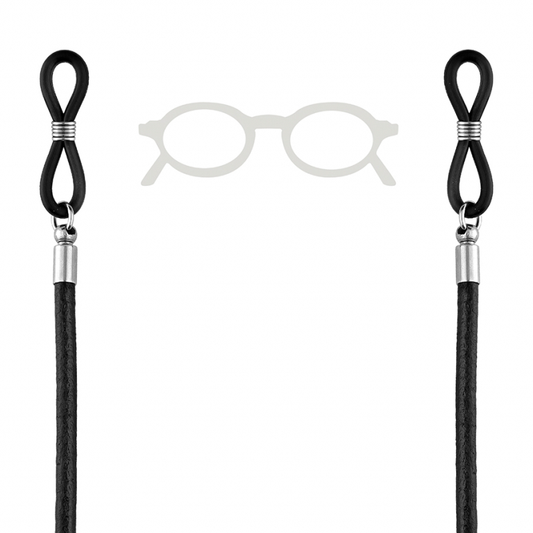 CHAINE DE LUNETTE ACIER ET CUIR BOVIN NOIR 74CM