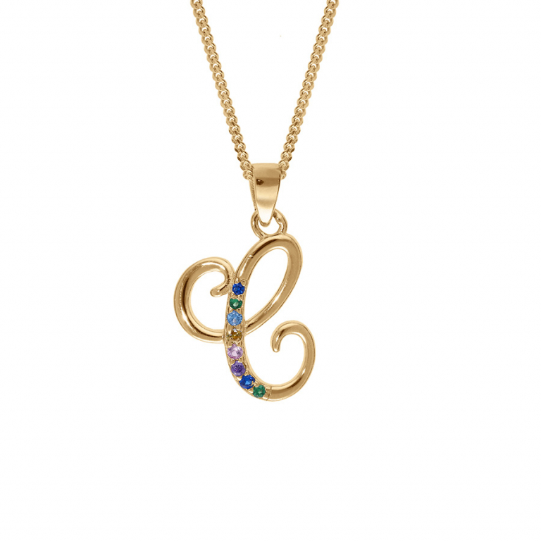 COLLIER VERMEIL PENDENTIF INITIALE C  OXYDES MULTI COULEURS SERTIS 42+3CM