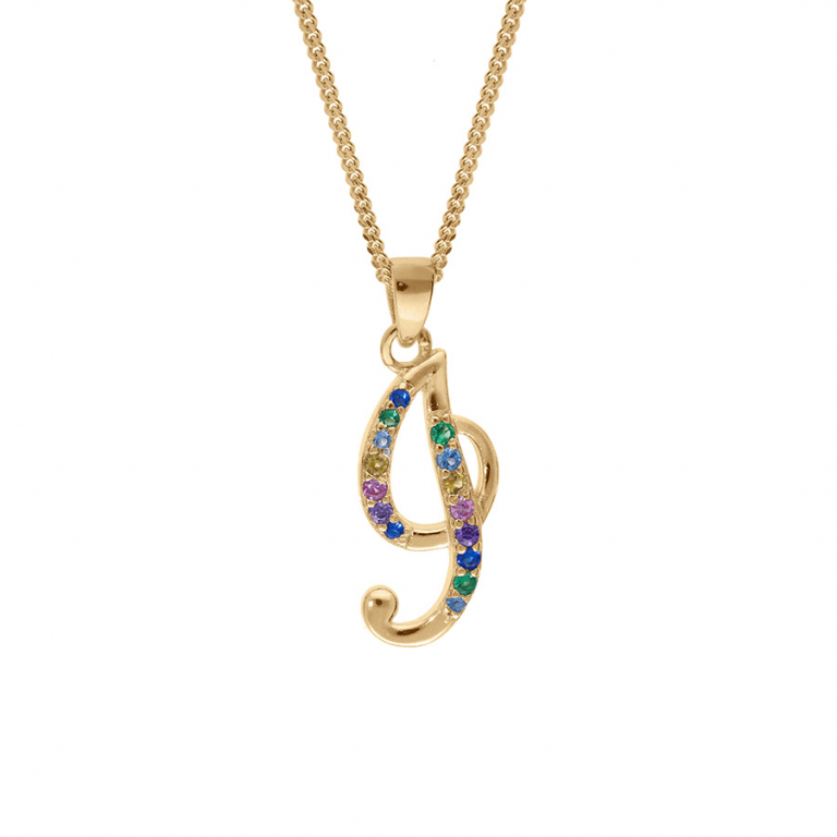 COLLIER VERMEIL PENDENTIF INITIALE  I  OXYDES MULTI COULEURS SERTIS 42+3CM