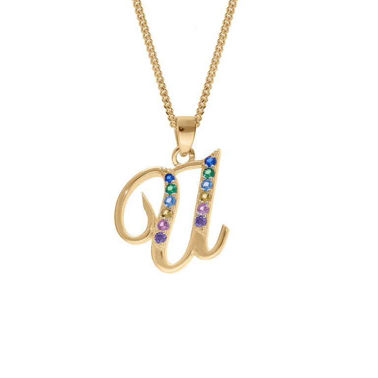 COLLIER  VERMEIL PENDENTIF INITIALE  U  OXYDES MULTI COULEURS SERTIS 42+3CM