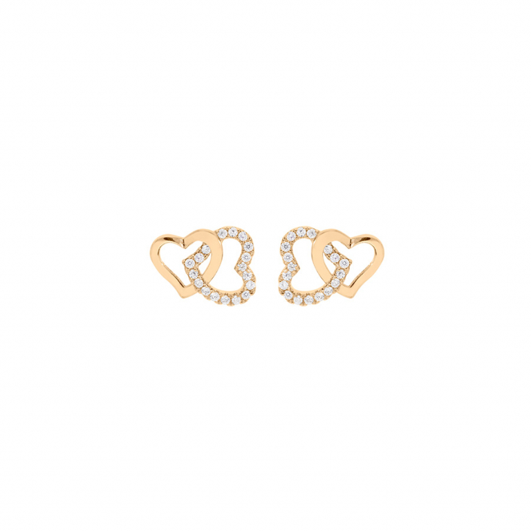 BOUCLES D\'OREILLES TIGE PLAQUÉ OR DOUBLE COEUR ENTRELACÉ OXYDES BLANCS SERTIS