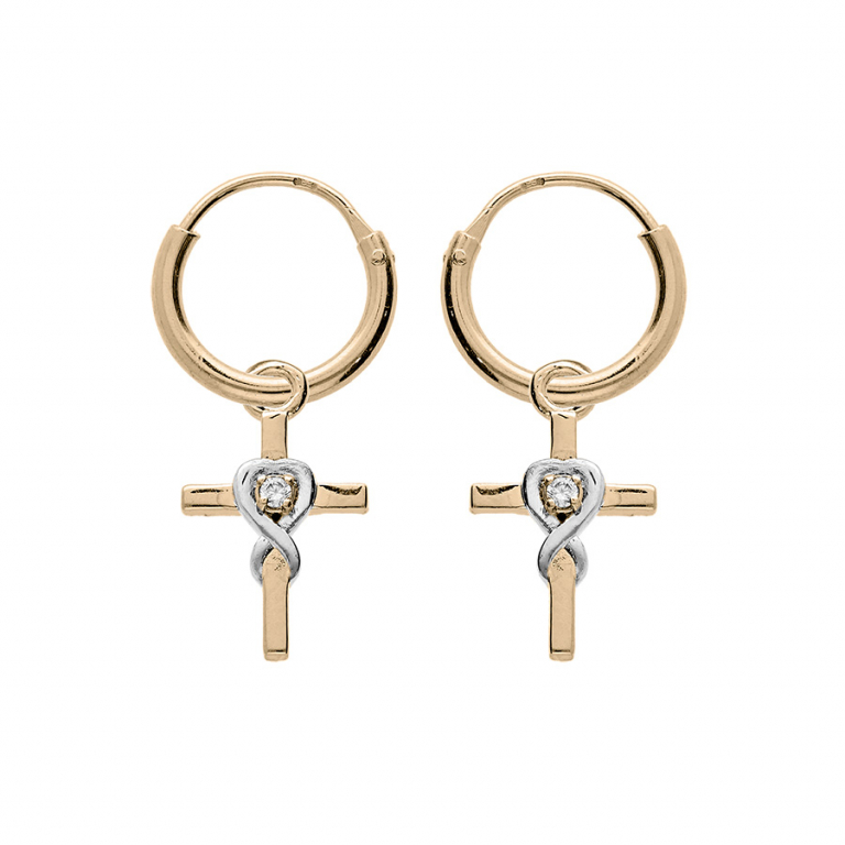 CRÉOLES PLAQUÉ OR PAMPILLE CROIX OXYDE BLANC SERTI