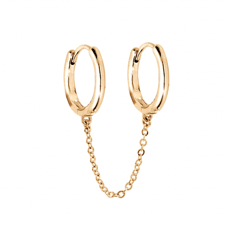 CRÉOLES PLAQUÉ OR MENOTTES LISSES ARTICULEES AVEC CHAINETTE (POUR 2 TROUS)