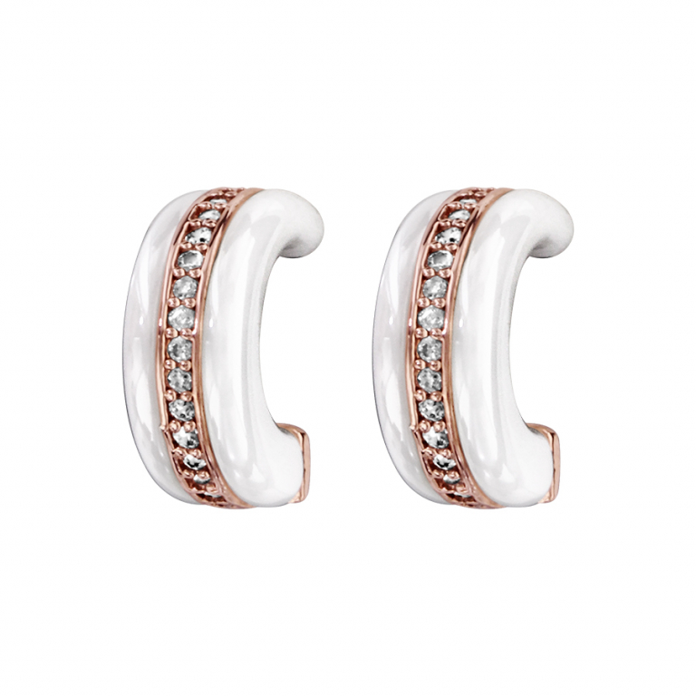 BOUCLES D\'OREILLES TIGE PLAQUÉ OR ROSE DEMI CREOLE CERAMIQUE BLANCHE ET RAIL OXYDES BLANCS MICRO SERTIS