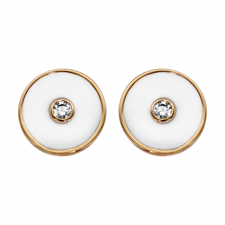 BOUCLES D\'OREILLES TIGE PLAQUÉ OR RONDE EMAIL BLANC ET 1 OXYDE BLANC SERTI CLOS