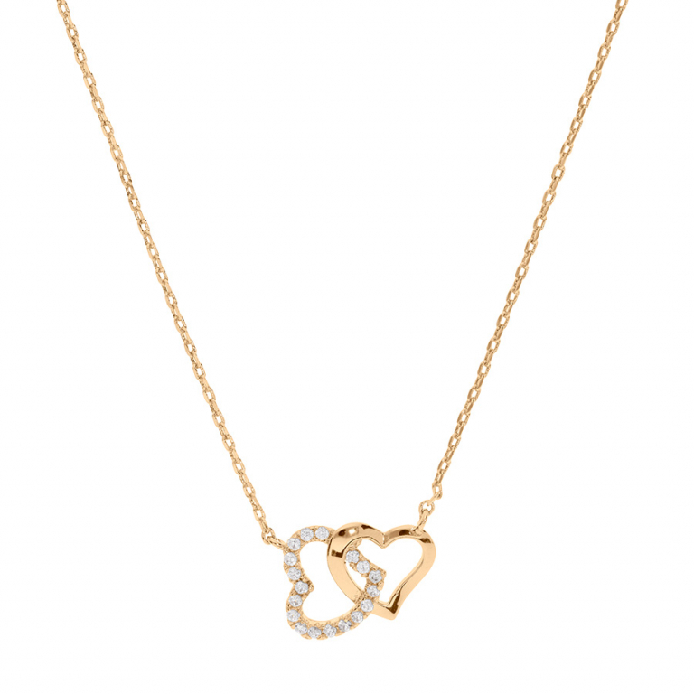 COLLIER PLAQUÉ OR DOUBLE COEUR ENTRELACÉ OXYDES BLANCS SERTIS 42+3CM