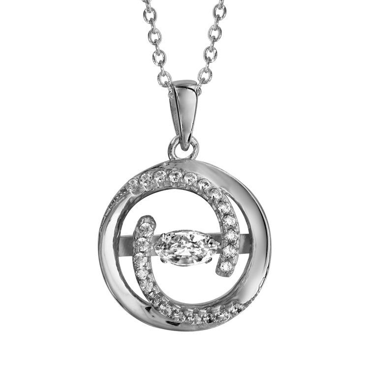COLLIER ARGENT RHODIÉ PENDENTIF ROND DANCING STONE ET OXYDES BLANCS 41,5+3CM