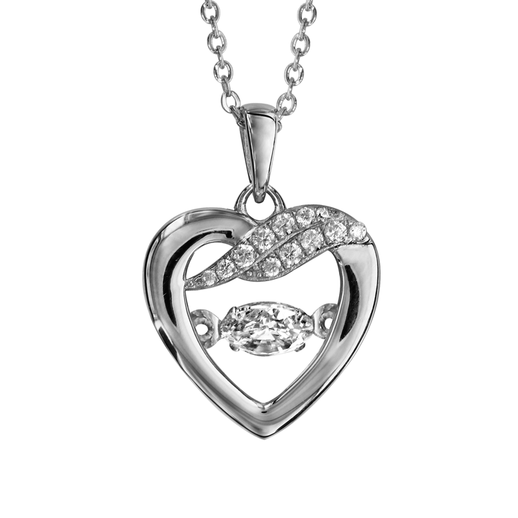 COLLIER ARGENT RHODIÉ PENDENTIF COEUR ET 2  BARETTES DANCING STONE ET OXYDES BLANCS 41,5+3CM