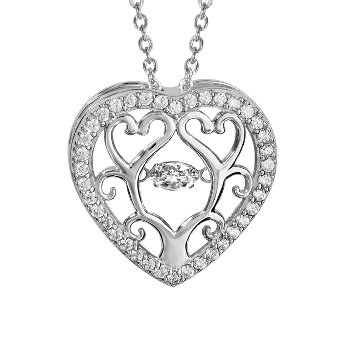 COLLIER ARGENT RHODIÉ DANCING STONE PENDENTIF COEUR AVEC OXYDES BLANCS 42+3CM