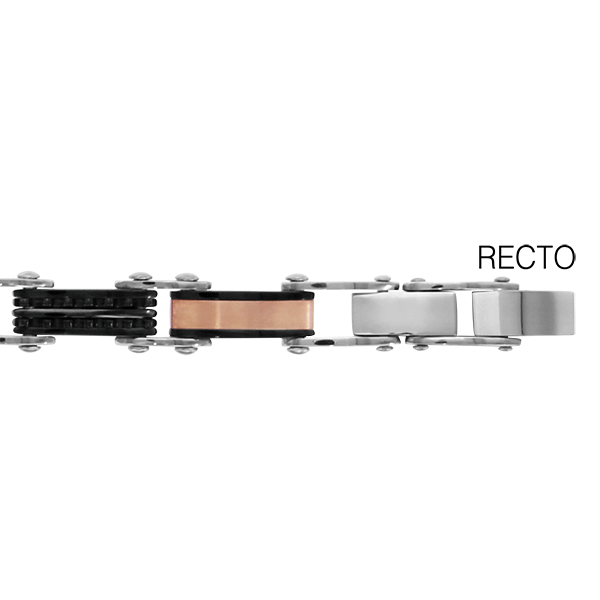 BRACELET ACIER REVERSIBLE 4,7MM 1 COTE MAILLE ALTERNEE PVD NOIR ET ROSE MAILLE PVD NOIR ET PICOT L'AUTRE PVD NOIR ET GRIS ET DOUBLE 20,5CM REGLABLE DOUBLE FERMOIR