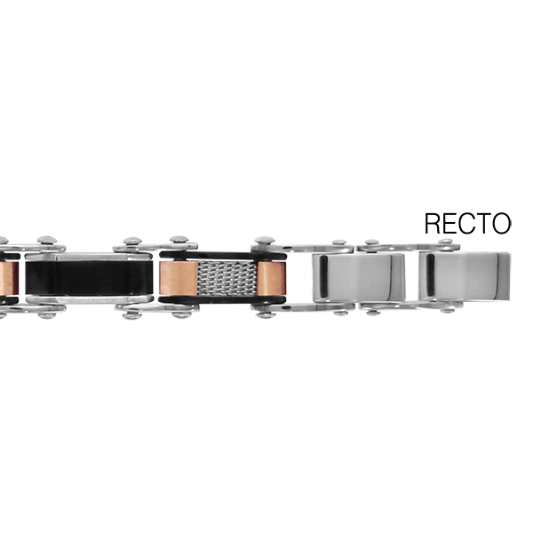 BRACELET ACIER REVERSIBLE 5,7MM 1 COTE ALTERNE MAILLE LISSE PVD NOIR MAILLE PVD ROSE QUADRILLAGE L'AUTRE LISSE ET MOTIF GREQ PVD NOIR 20CM REGLABLE DOUBLE FERMOIR