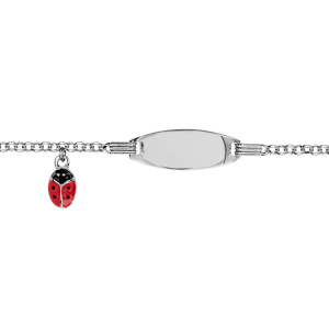 IDENTITÉ ARGENT RHODIÉ BÉBÉ PLAQUE OVALE PAMPILLE COCCINELLE ROUGE POINT NOIR 13+2CM