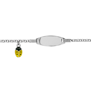 IDENTITÉ ARGENT RHODIÉ  BÉBÉ PLAQUE OVALE PAMPILLE COCCINELLE JAUNE POINT NOIR  13+2CM