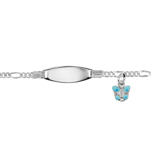 IDENTITE BEBE PLAQUE OVALE + MOTIF PAPILLON BLEU FIG 1+3  15CM ANN 13CM ARGENT RHODIÉ