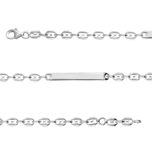 IDENTITE  ARGENT RHODIÉ PLAQUE DROITE MAILLE GRAIN DE CAFE FERMOIR MOUSQUETON 17CM REGLABLE 15CM