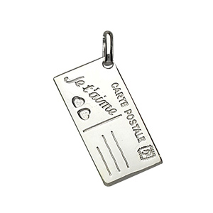 PENDENTIF CARTE POSTALE JE T'AIME ARGENT RHODIE