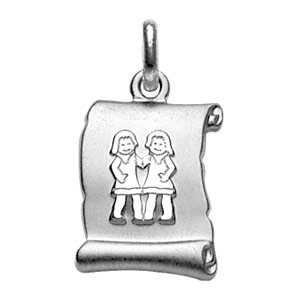 PENDENTIF ZODIAQUE PARCHEMIN GEMEAUX  ARGENT RHODIÉ BRILLANT FOND SABLE
