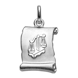 PENDENTIF ZODIAQUE PARCHEMIN BALANCE  ARGENT RHODIÉ BRILLANT FOND SABLE