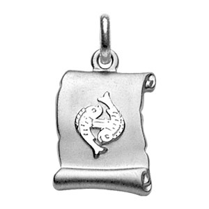 PENDENTIF ZODIAQUE PARCHEMIN POISSON  ARGENT RHODIÉ BRILLANT FOND SABLE