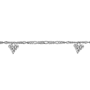 CHAINE CHEVILLE FIG 1+3  3 PAMPILLES COEURS 23CM +2CM  ARGENT RHODIÉ
