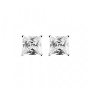 BOUCLES D'OREILLES TIGE SOLITAIRE PETITE PIERRE CARRÉ SYNTHE. BLANCHE ARGENT RHODIÉ 5MM