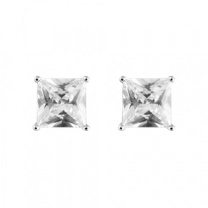 BOUCLES D'OREILLES TIGE SOLITAIRE CARRÉ PIERRE SYNTH. BLANCHE ARGENT RHODIÉ 7MM